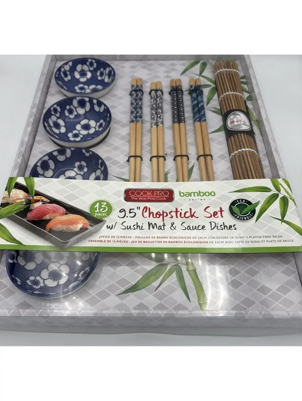 Cook Pro Chopstick Set w/ Sushi Mat & Sauce Dishes, 13 Pieces/9.5” Bamboo Series